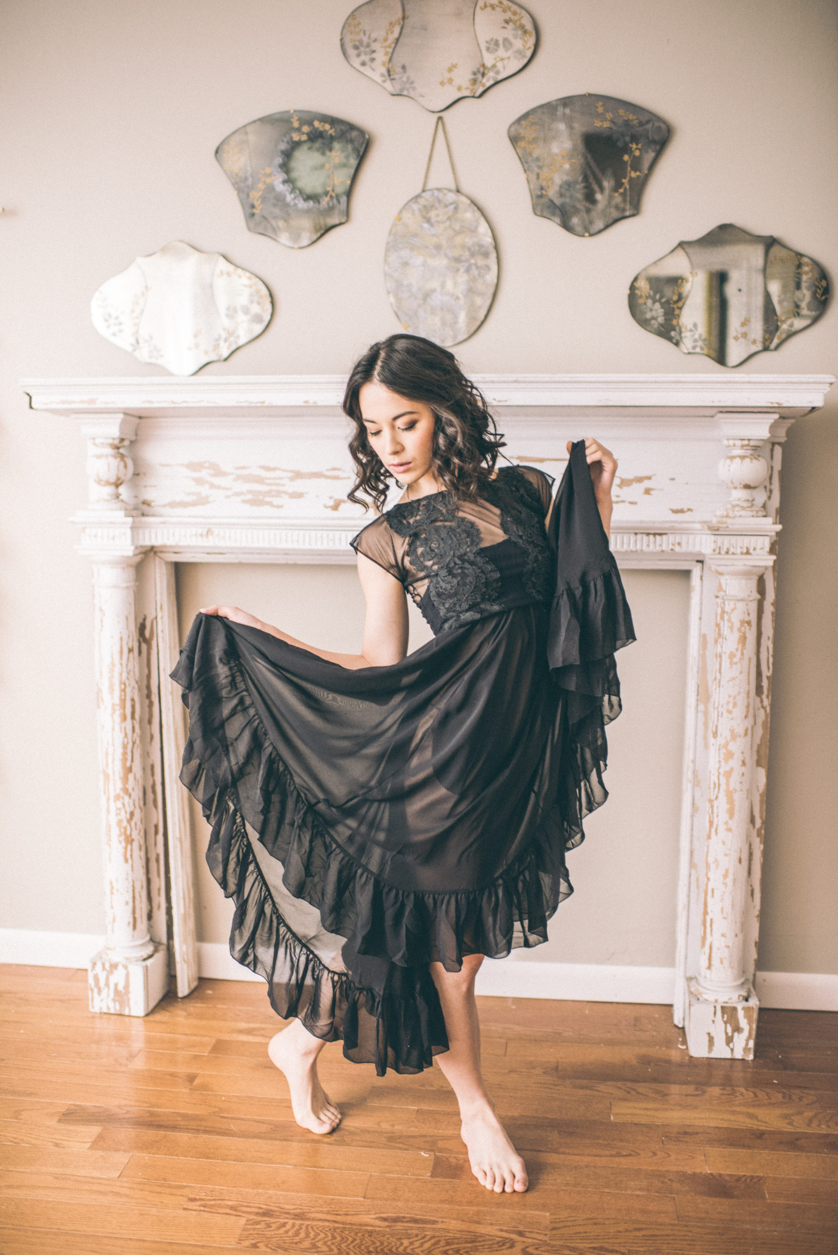 Maya boudoir shoot in black lace dress